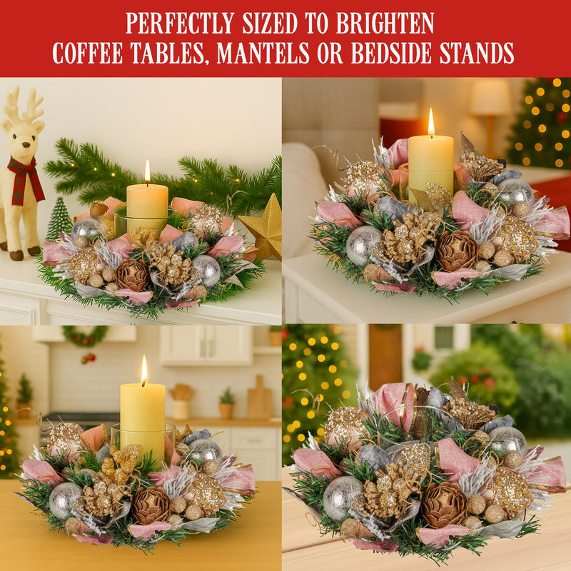 Christabelle 26cm Christmas Centrepiece Lush Green Holiday w/Jewelled Baubles, Foliage, Flowers, Pine Cones, Ribbon