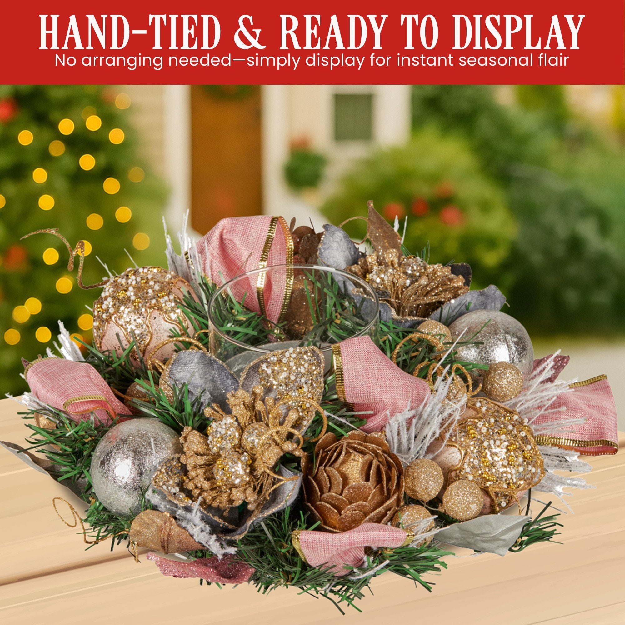 Christabelle 26cm Christmas Centrepiece Lush Green Holiday w/Jewelled Baubles, Foliage, Flowers, Pine Cones, Ribbon