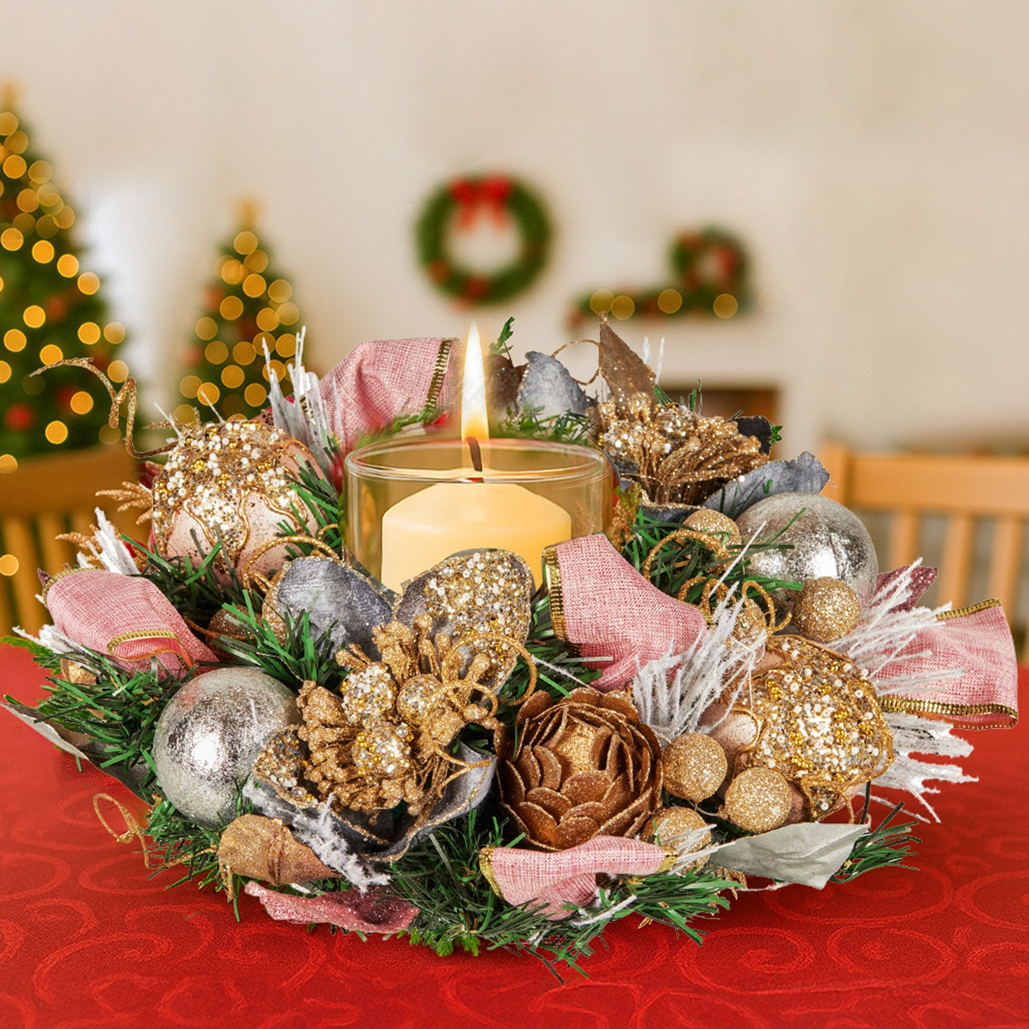 Christabelle 26cm Christmas Centrepiece Lush Green Holiday w/Jewelled Baubles, Foliage, Flowers, Pine Cones, Ribbon