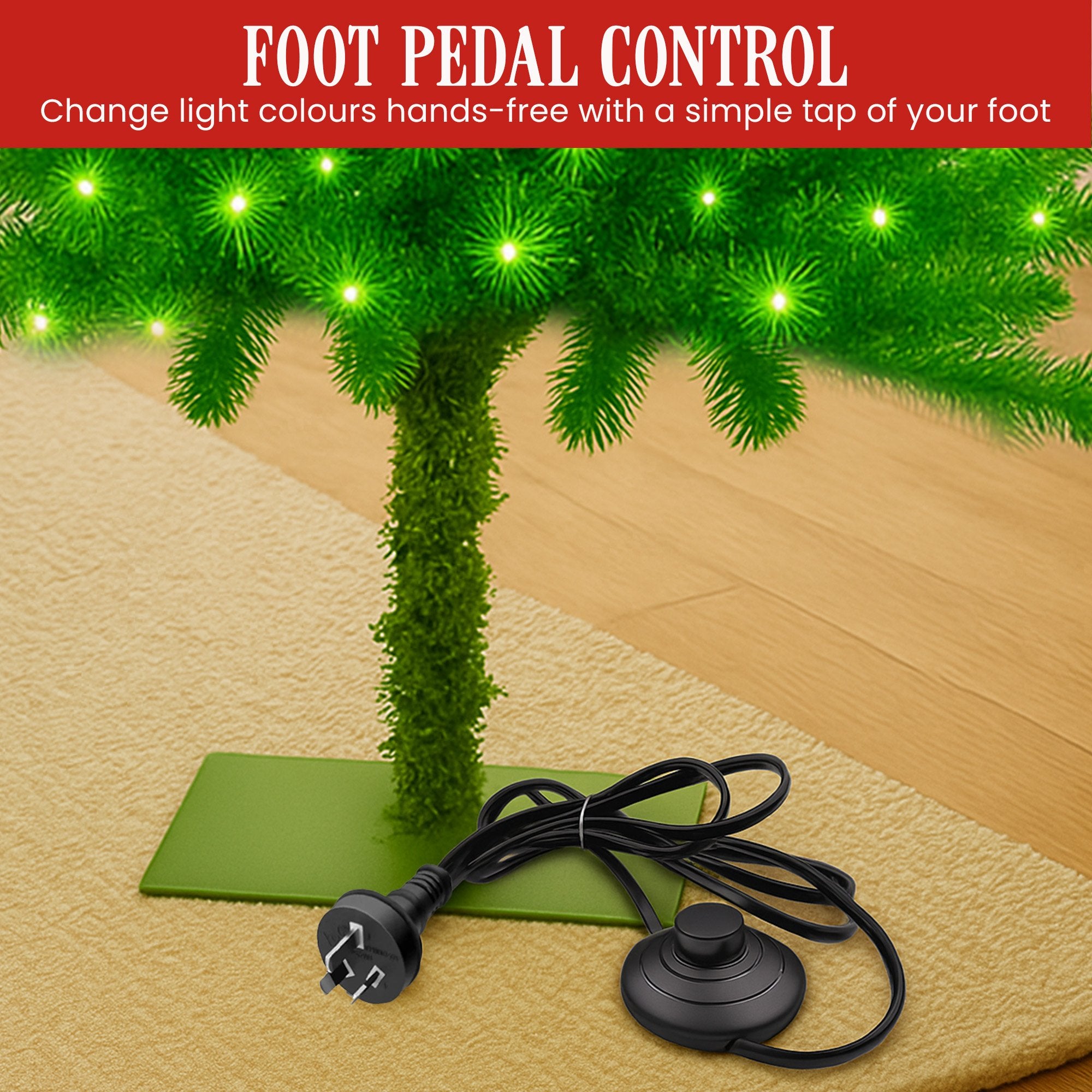 Christabelle 4ft Christmas Gremlin Tree Curved Top Red Bauble Built In Green & White LED Lights Foot Pedal Control
