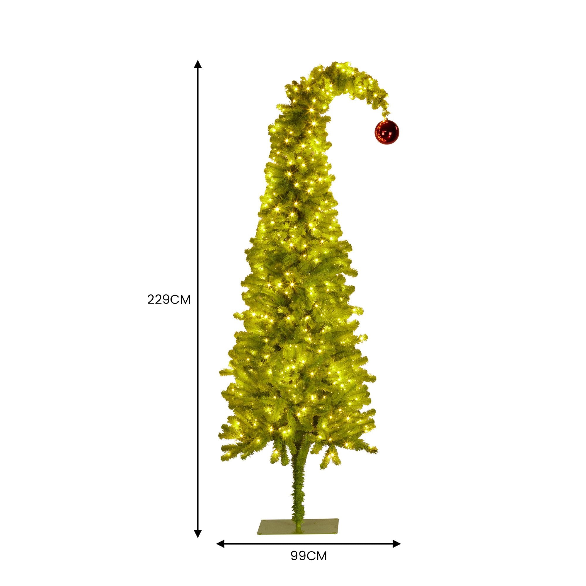 Christabelle 7.5ft Christmas Gremlin Tree Curved Top Red Bauble Built-in Green White LED Lights Control Base & Cord