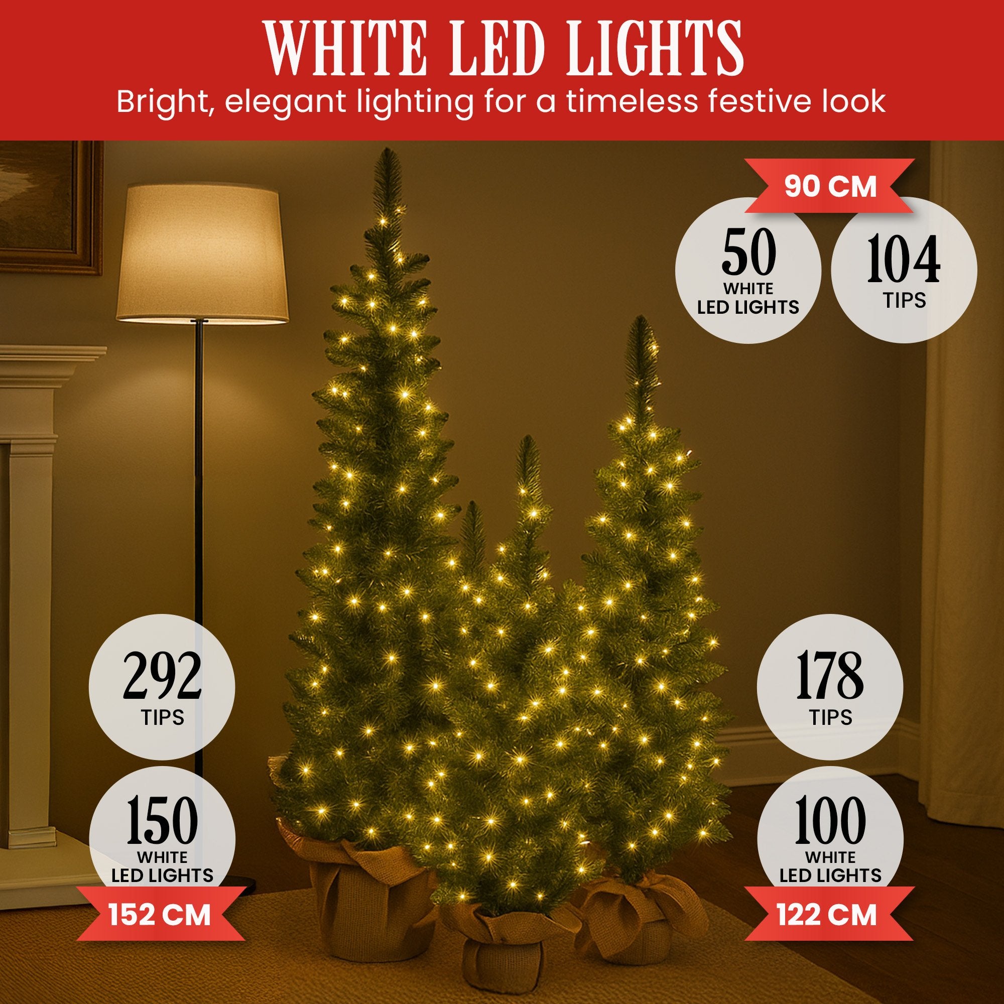 Christabelle Set of 3 Pre-Lit Christmas Trees Green Pine w/LED Lights, Hessian Base & Individual Plugs Varying Heights