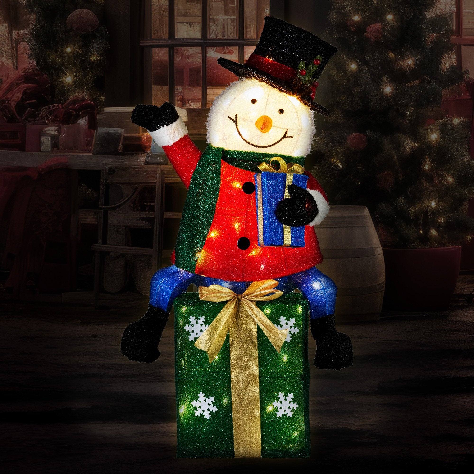 Christabelle 85cm Christmas Snowman On Presents Display with Lights
