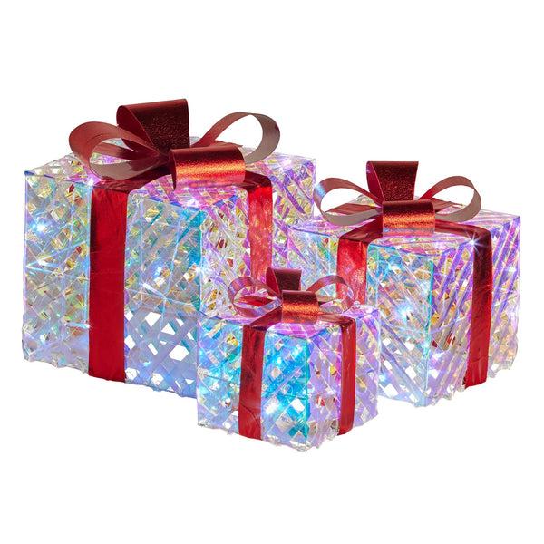 Swishmas Set of 3 Christmas Gift Boxes With Lights - Clear Shimmer With Red Bows