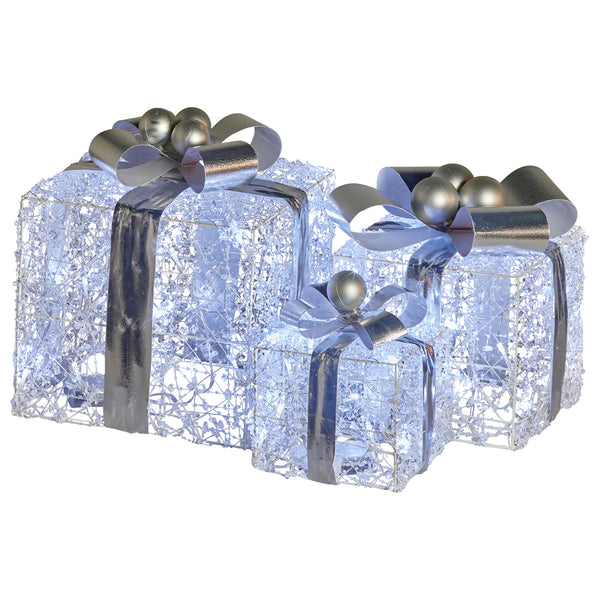 Swishmas Set Of 3 Christmas Gift Boxes With Lights With Jewelled Wire And Silver Bows