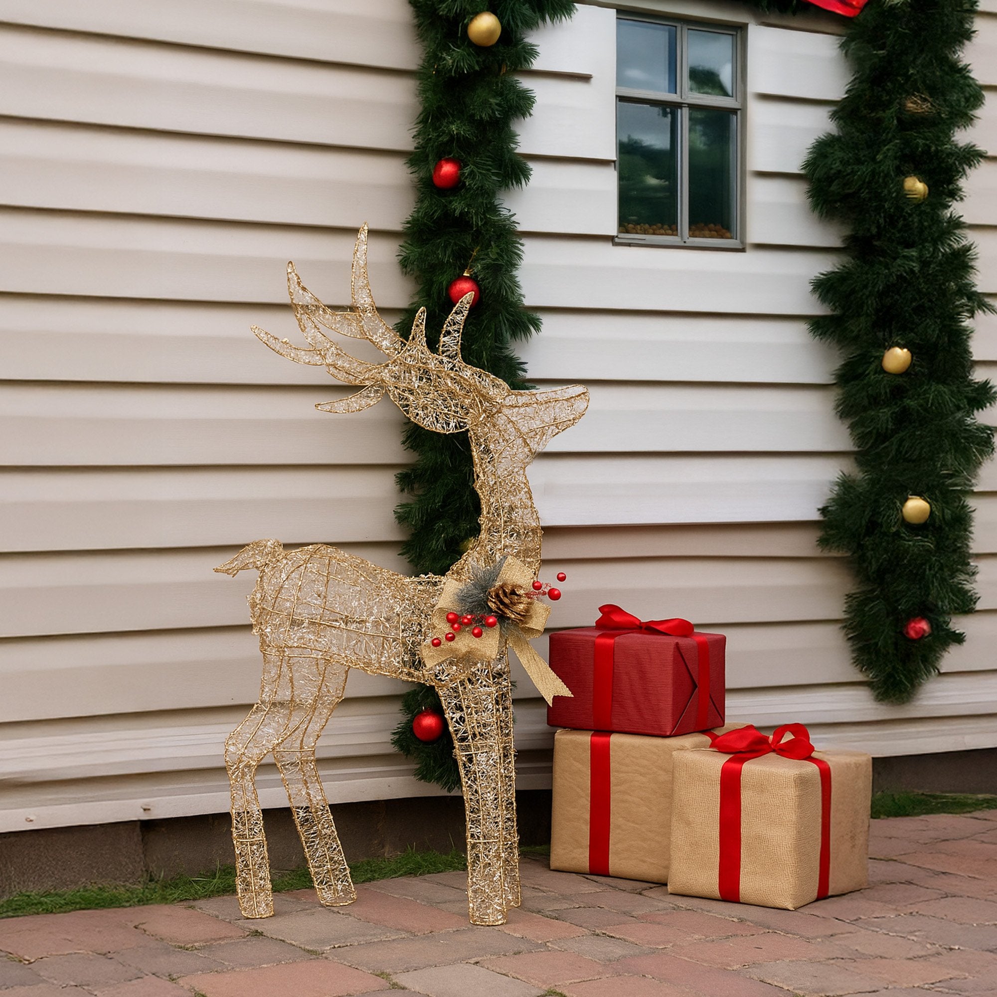 Christabelle Light Up Christmas Reindeer Display Indoor & Outdoor Decoration Warm White LED Lights Gold Bow Wire Frame