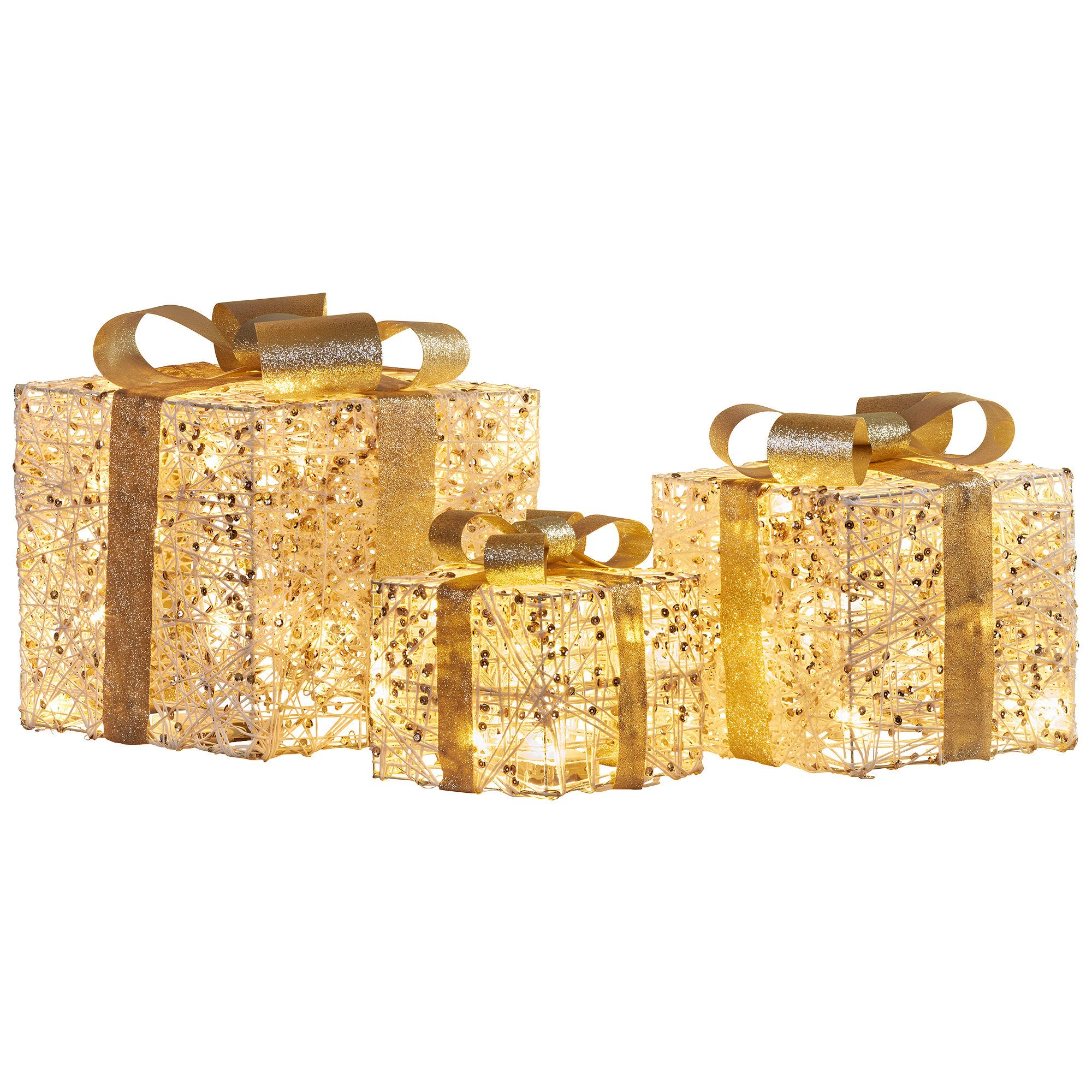 Christabelle Set of 3 Battery Operated Golden Christmas Gift Boxes w/Warm White LED Lights Indoor Decorative Holiday