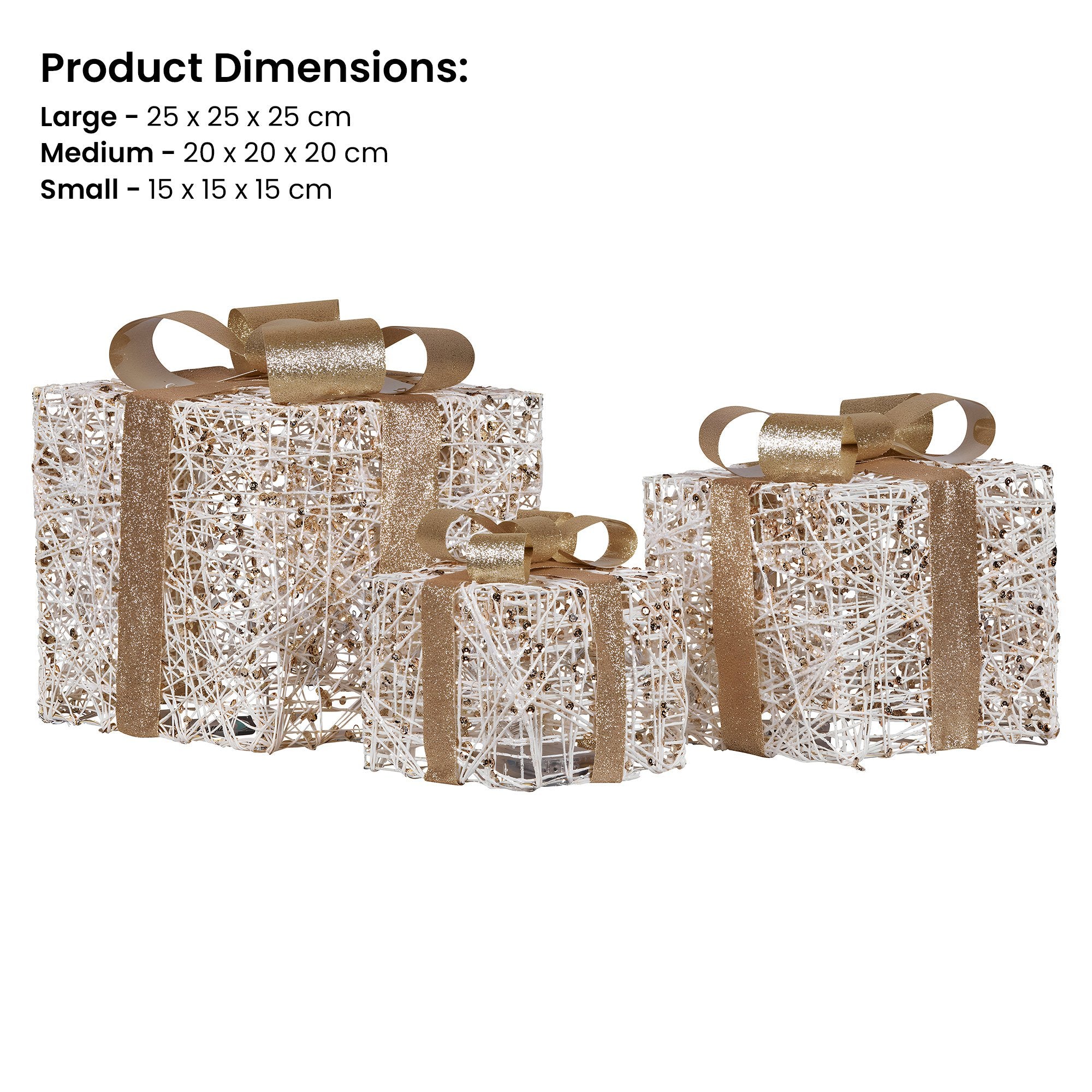 Christabelle Set of 3 Battery Operated Golden Christmas Gift Boxes w/Warm White LED Lights Indoor Decorative Holiday