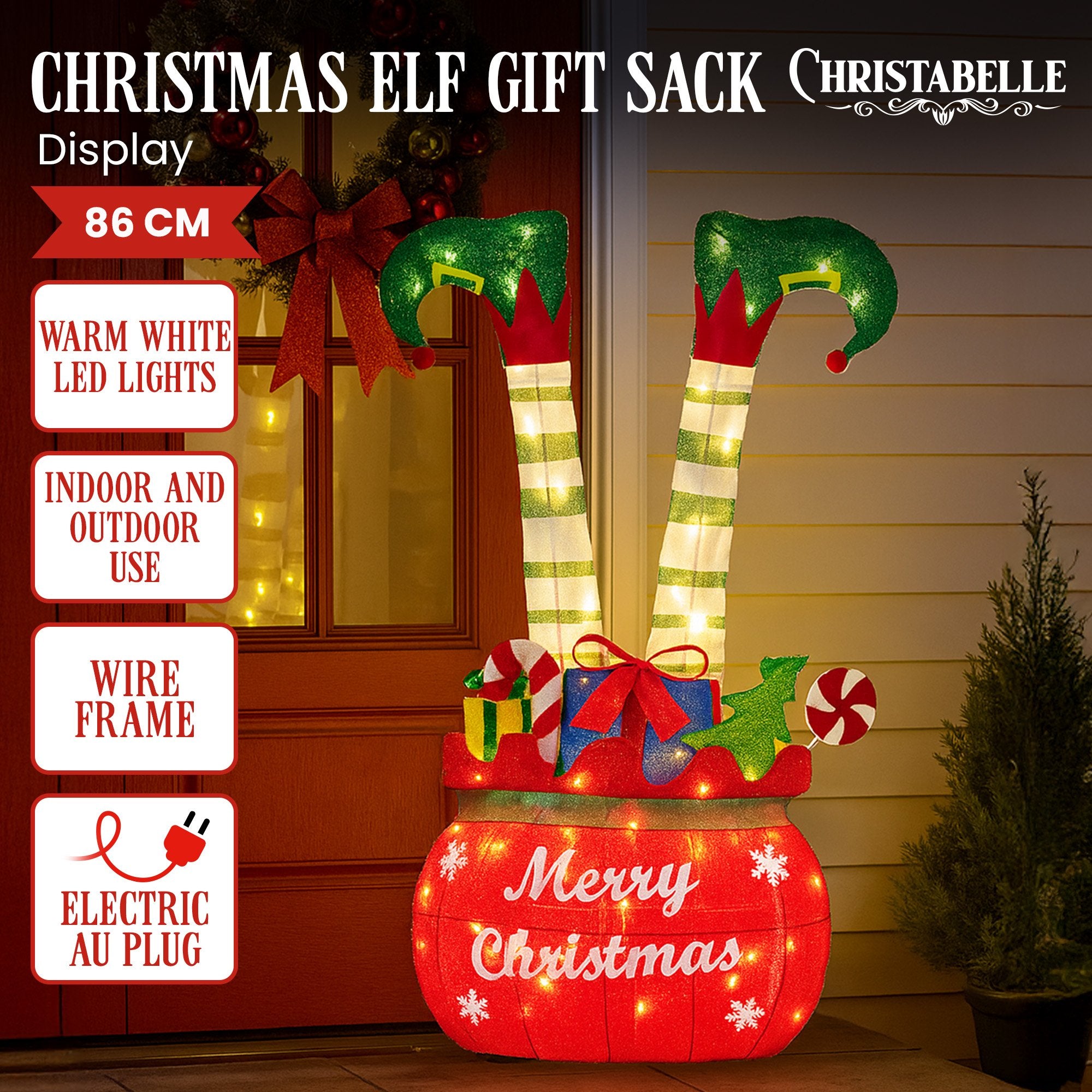 Christabelle Elf in Gift Sack Christmas Display Warm White LED Lights 86cm for Decoration w/Wire Frame Construction
