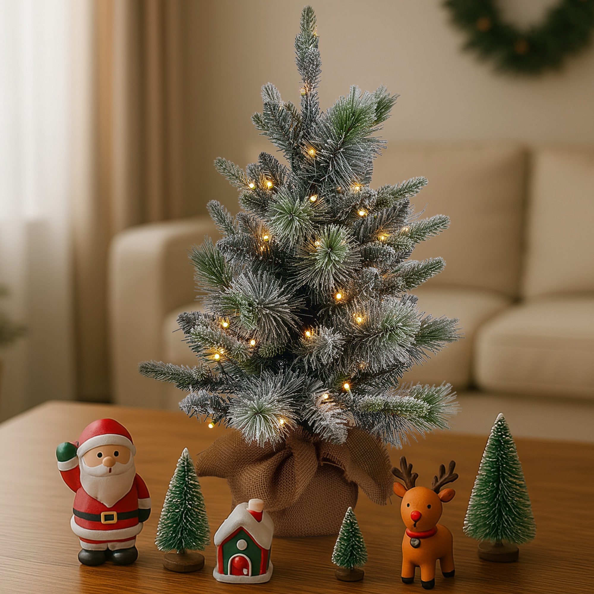 Christabelle 61cm Pre-Lit Snowy Stamford Spruce Battery-Operated Mini Christmas Tree Multi-Functional LED Timer