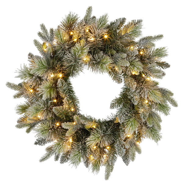 National Tree Company 61cm  Pre Lit Snowy Stamford Spruce Battery Operated Christmas Wreath w/LED Lights & Timer