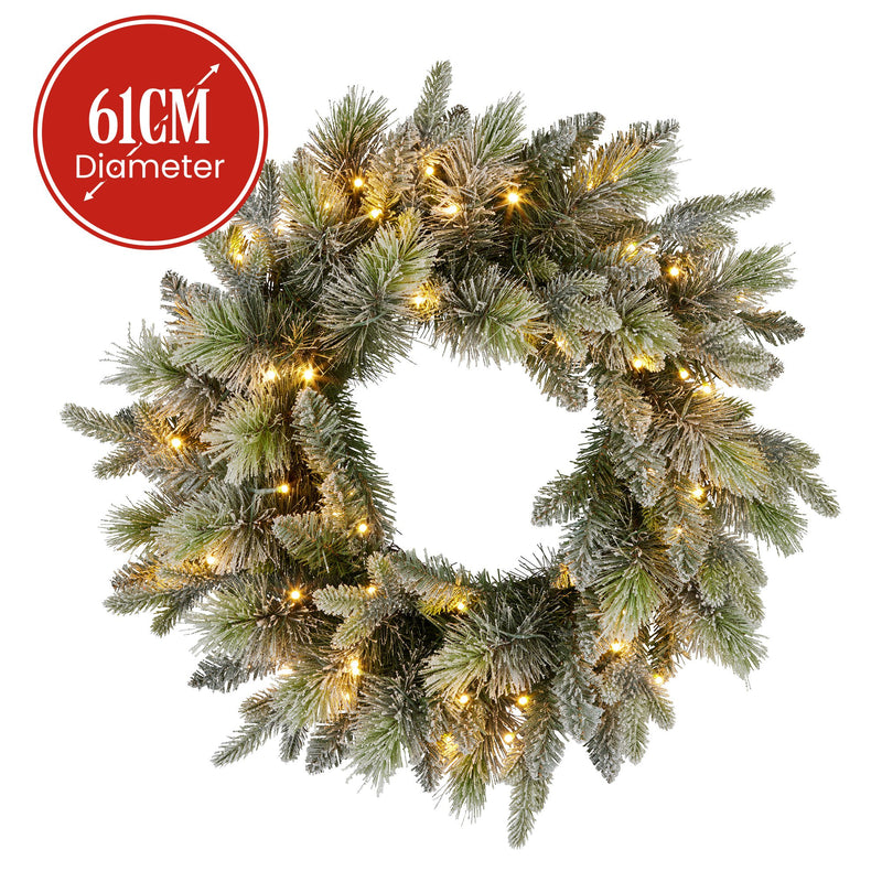 National Tree Company 61cm  Pre Lit Snowy Stamford Spruce Battery Operated Christmas Wreath w/LED Lights & Timer