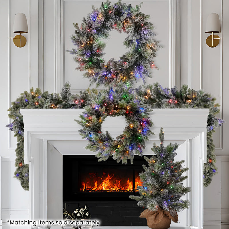 National Tree Company 61cm  Pre Lit Snowy Stamford Spruce Battery Operated Christmas Wreath w/LED Lights & Timer