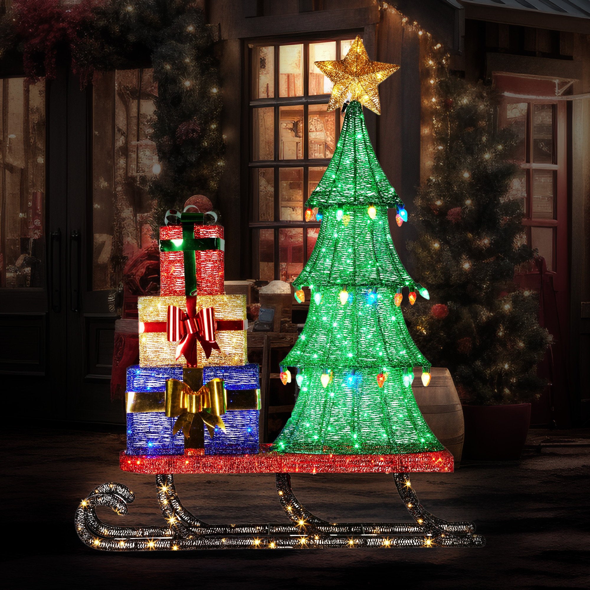 Christabelle Christmas Display Sled 183cm With Tree And Presents Led Lights & C9 Bulbs