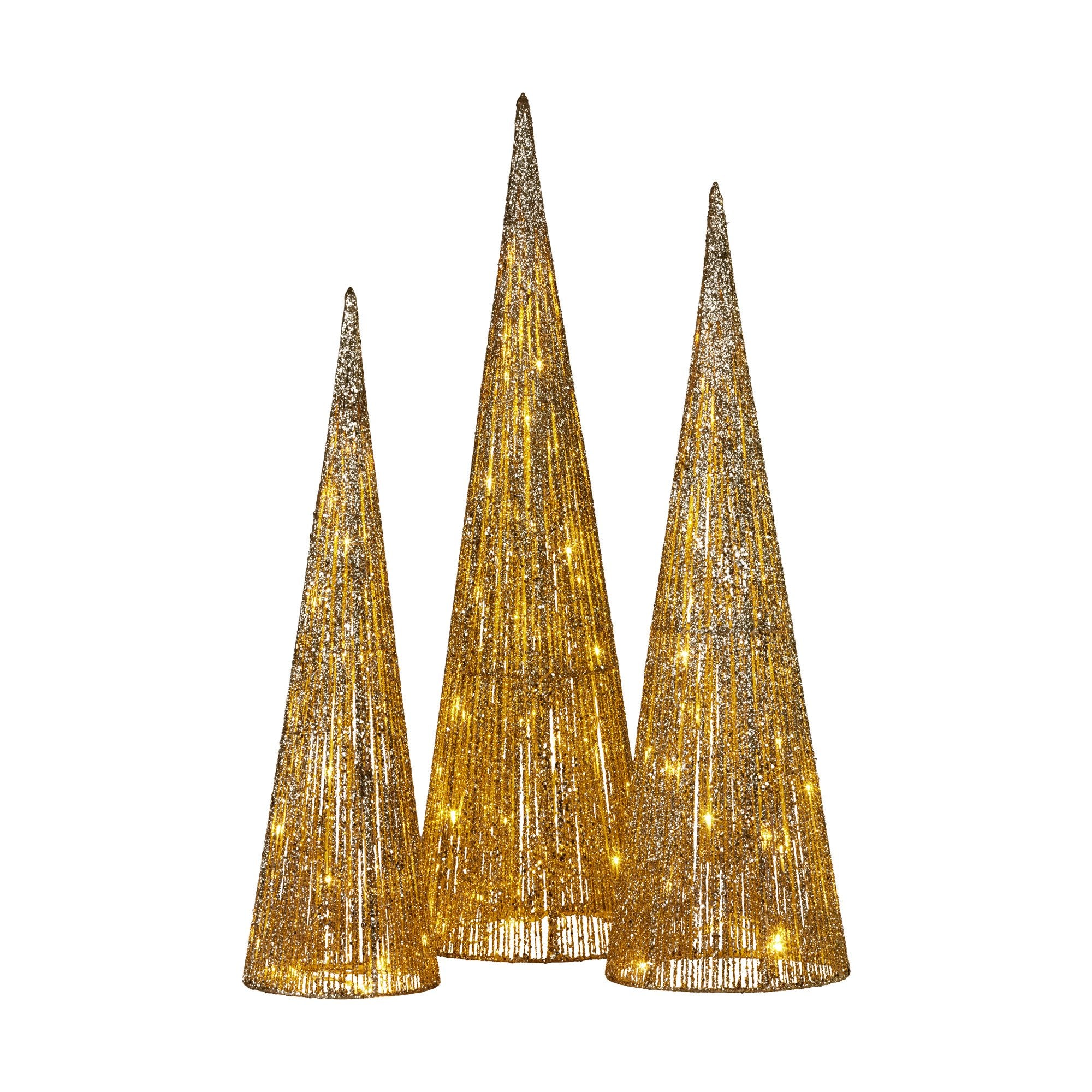 Christabelle Pre-lit Gold Cone Christmas Trees Set Of 3 Warm White Led Lights