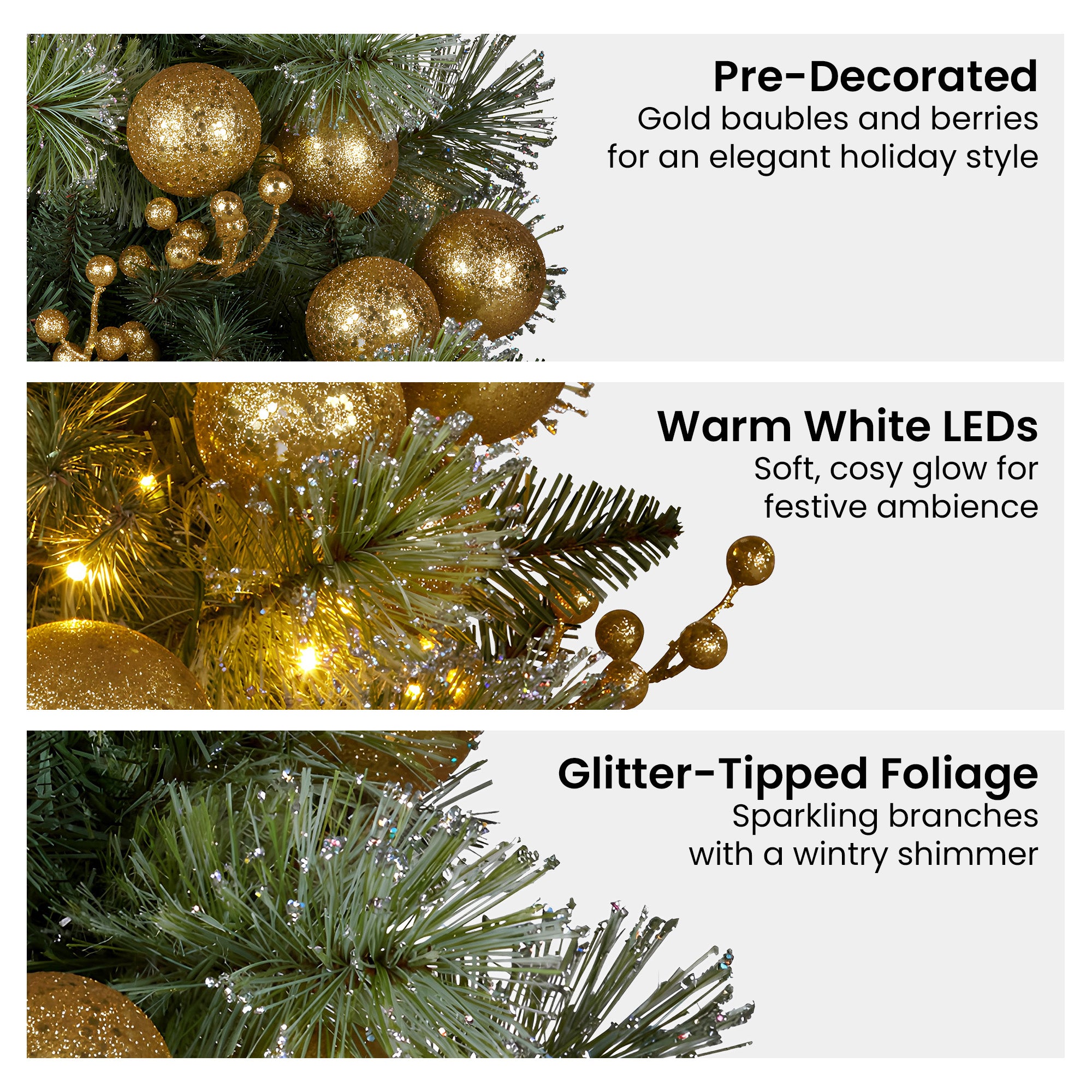 Christabelle 76cm Christmas Wreath Glittery Tipped with LED Lights and Golden Baubles Front Door Decoration Ornament