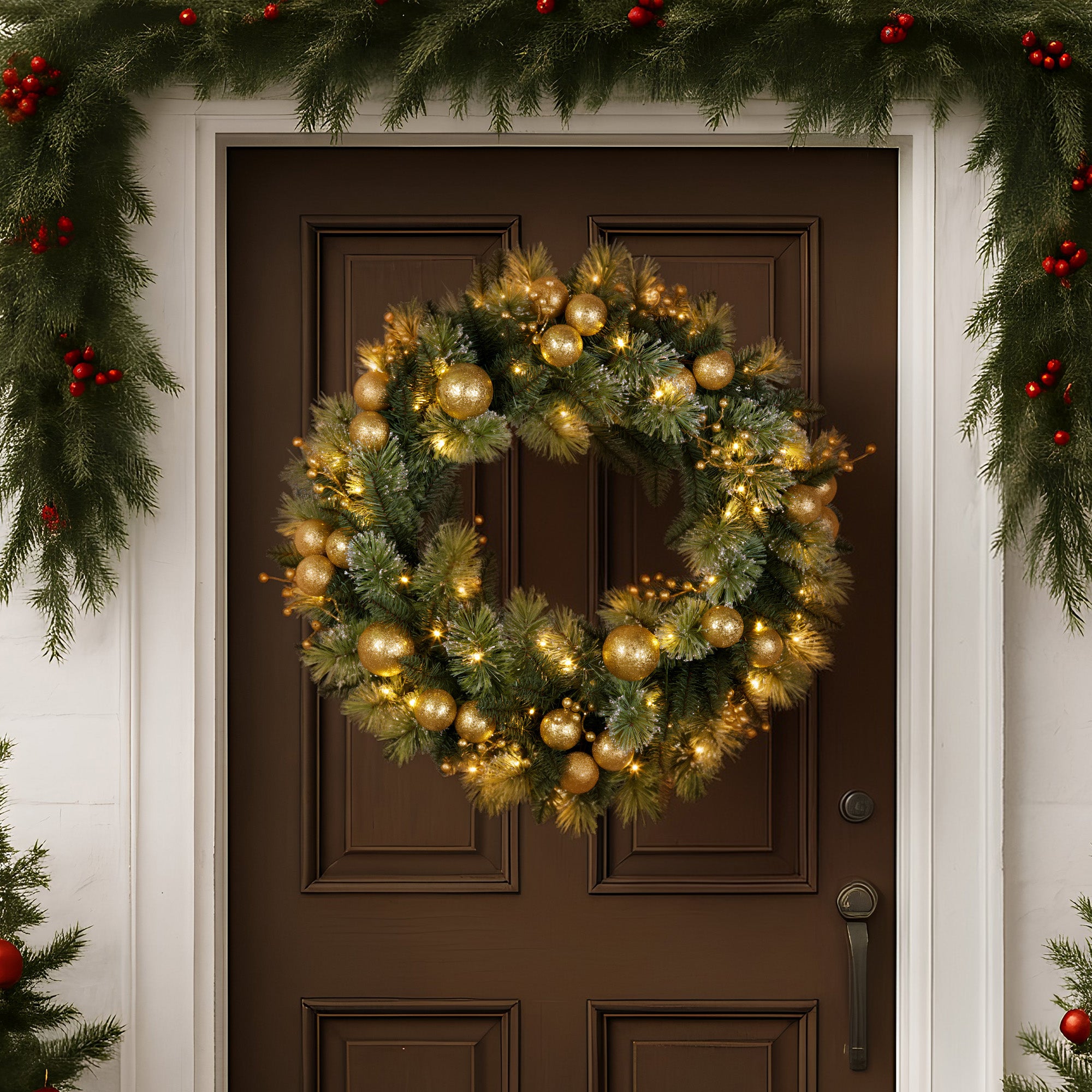 Christabelle 76cm Christmas Wreath Glittery Tipped with LED Lights and Golden Baubles Front Door Decoration Ornament