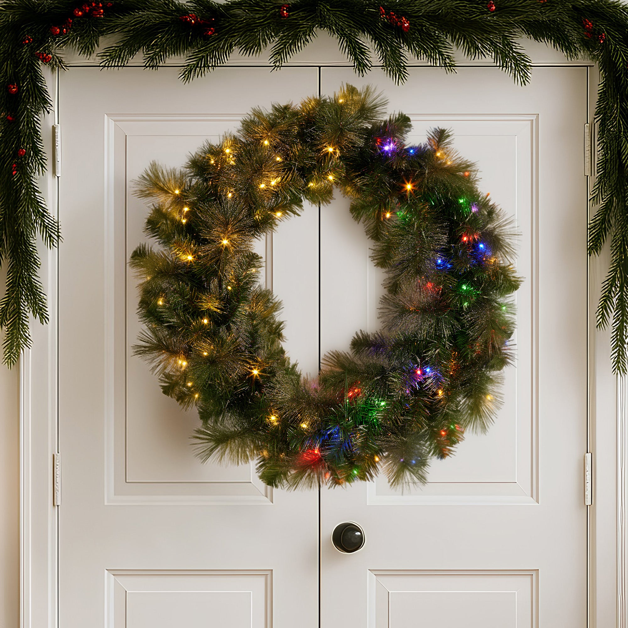 Christabelle 76cm Split Christmas Wreath with LED Lights for Double Front Doors Decoration