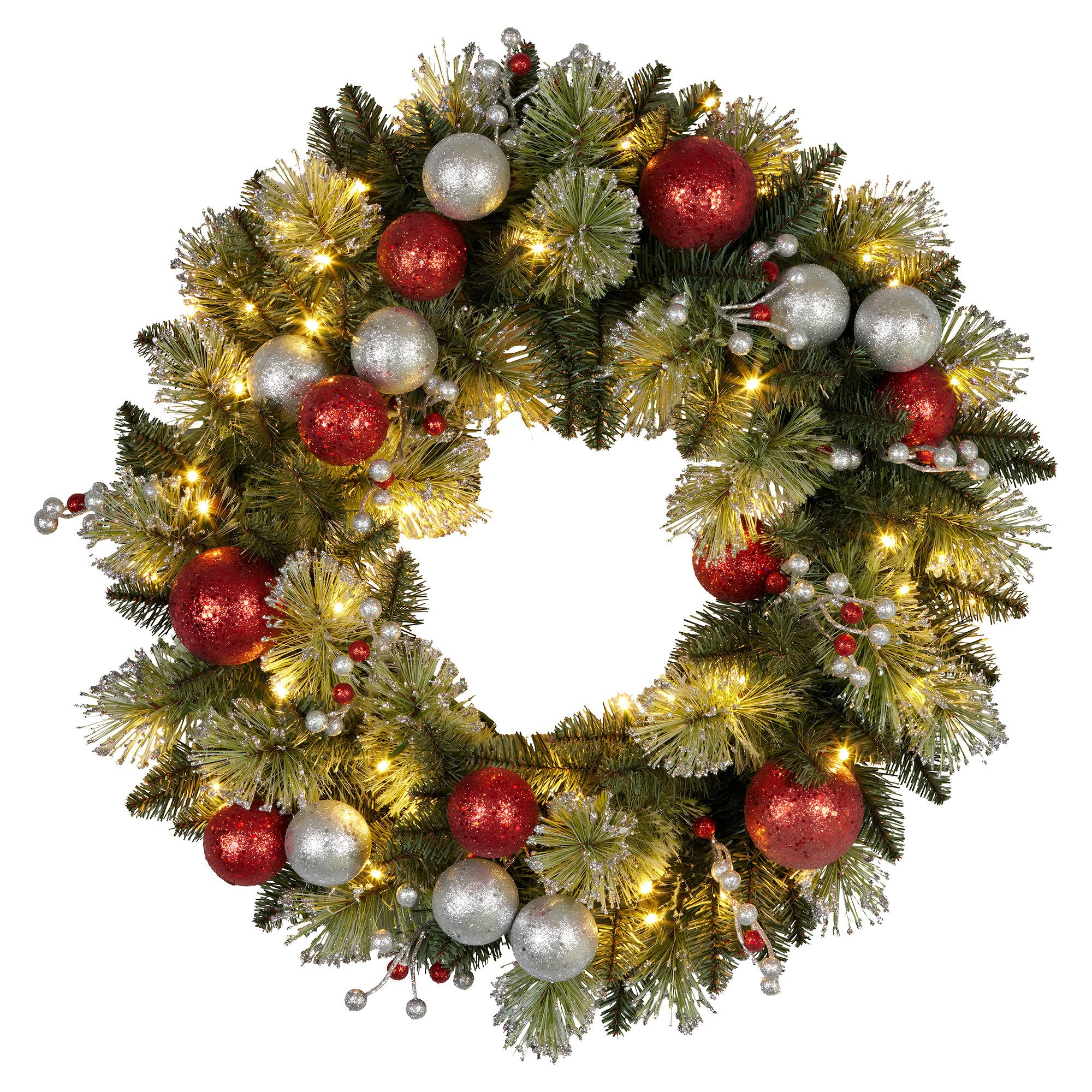 Christabelle Stunning 61cm Christmas Wreath with LED Lights Baubles Berries Red Silver Front Door Decoration