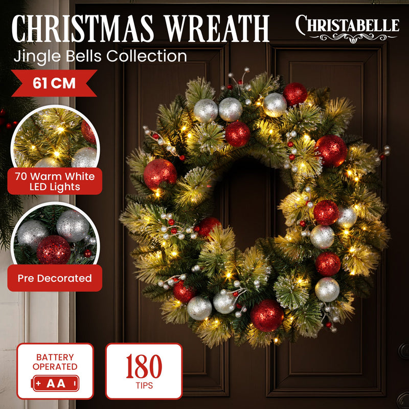 Christabelle 61cm Pre-lit Christmas Wreath Jingle Bells Battery-operated Baubles