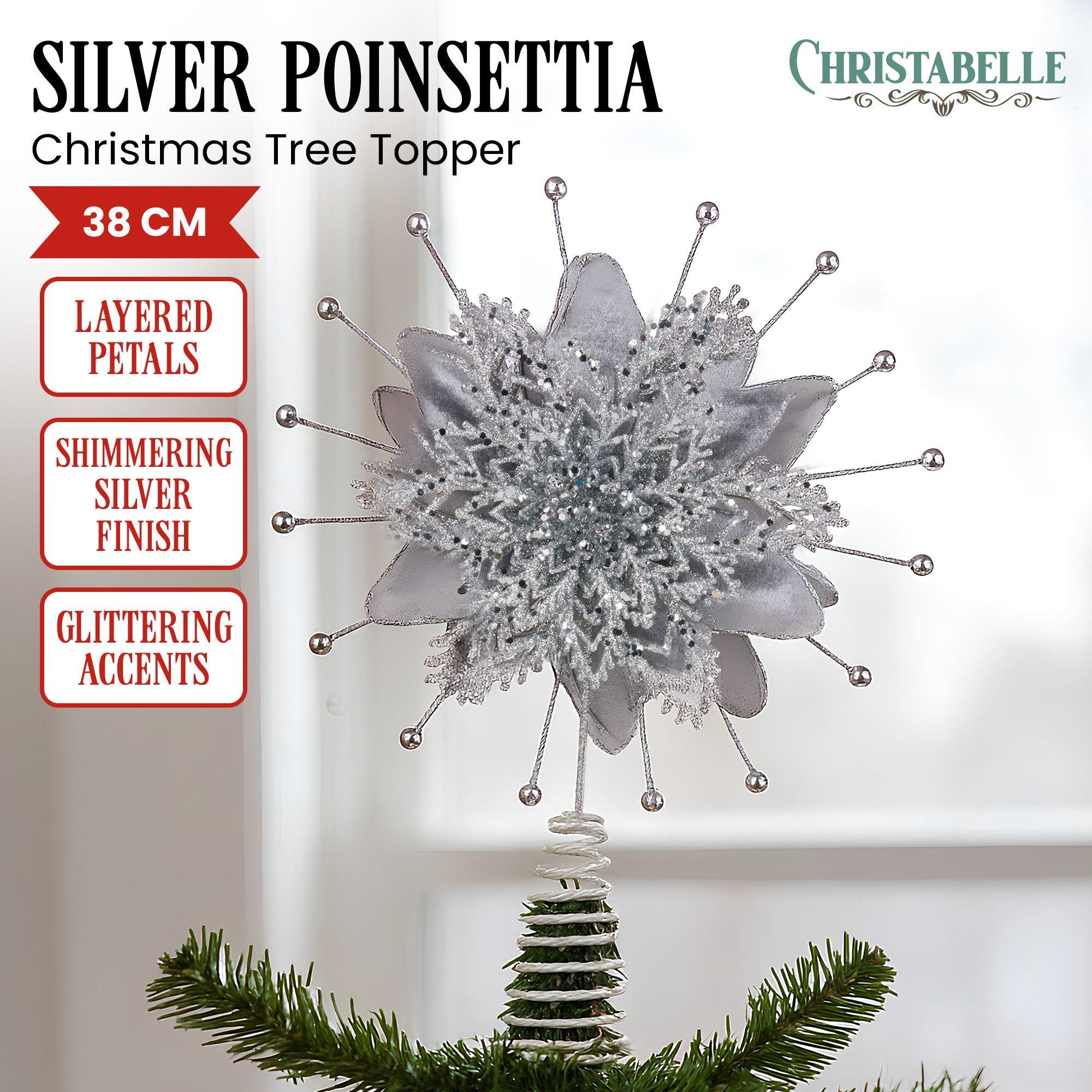 Christabelle Christmas Tree Topper Poinsettia Decoration Ornament Silver Petals