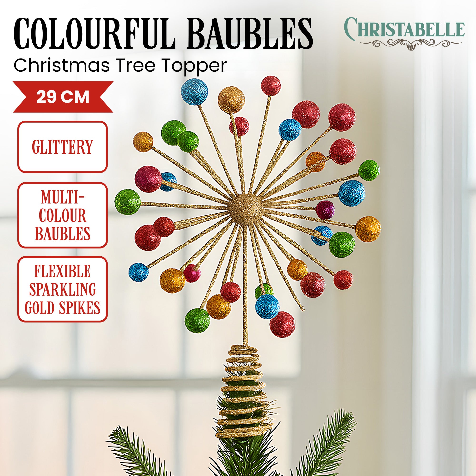 Christabelle Christmas Tree Topper Glittery Baubles Gold Decoration Ornaments