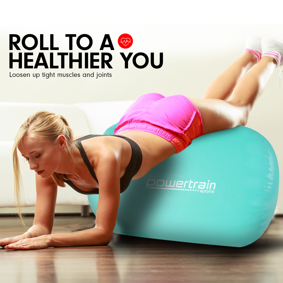 Powertrain Inflatable Air Barrel Gymnastics Roller 120cm x 75cm - Mint Green PVC Tumbling Mat for Flips & Balance