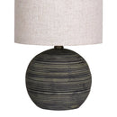Sarantino Ceramic Table Lamp Striped Antique Black Globe Base with Beige Fabric Drum Shade Bedside Nightstand Light