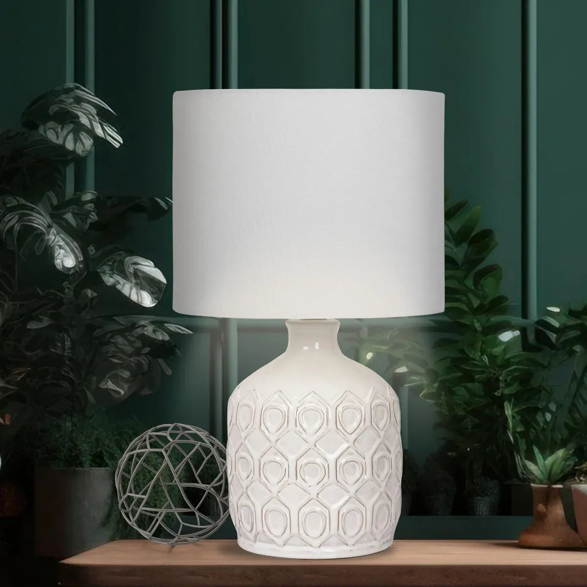 Sarantino Cream Ceramic Table Lamp with White Fabric Shade, Antique Herringbone Patterned Bedside Light