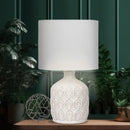 Sarantino Cream Ceramic Table Lamp with White Fabric Shade, Antique Herringbone Patterned Bedside Light