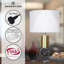 Sarantino Modern Faux Black Marble Table Lamp with Gold Brass Base & White Fabric Drum Shade