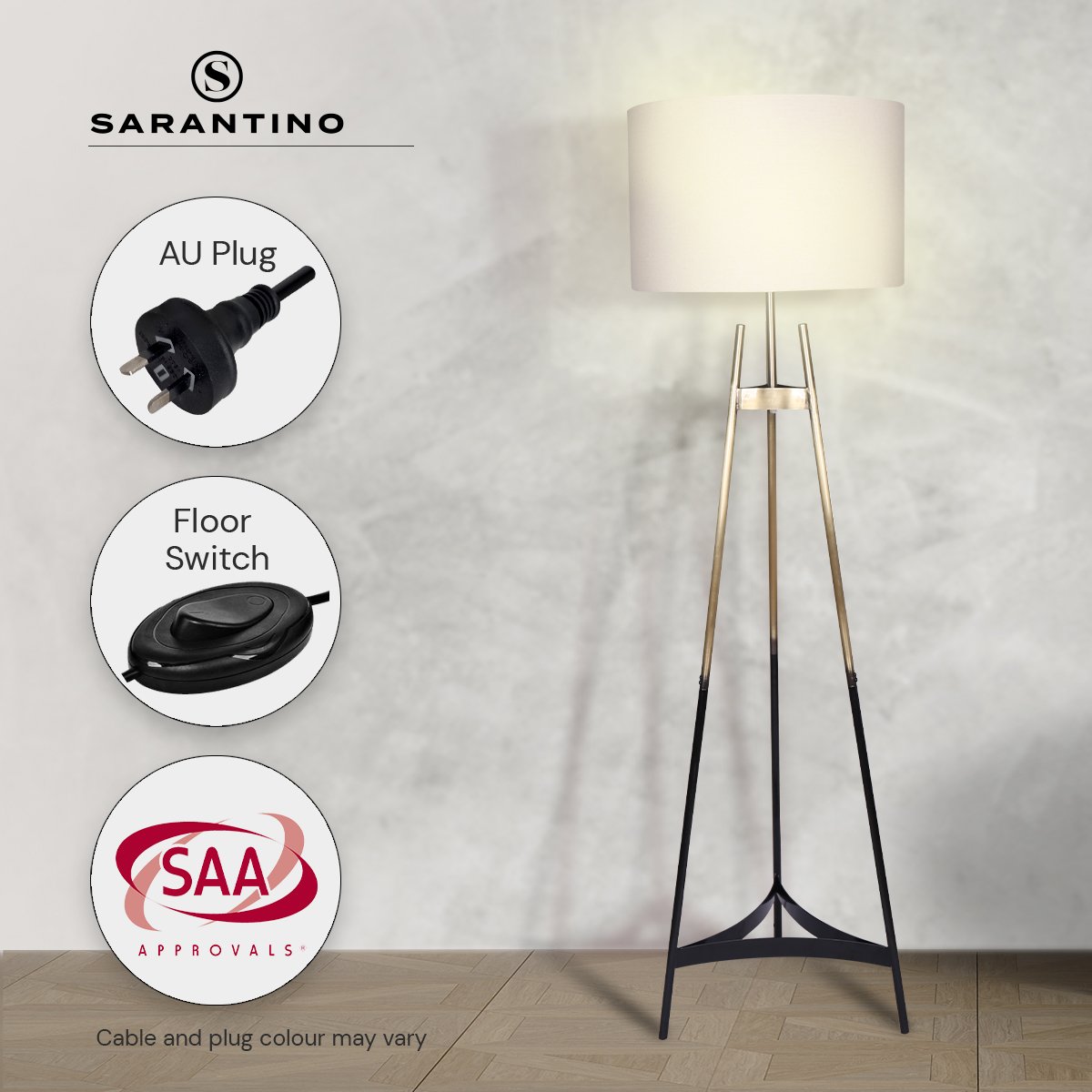 Sarantino Modern Tripod Floor Lamp Gold Black Gradient Standing Light with Linen Drum Shade for Living Room Office