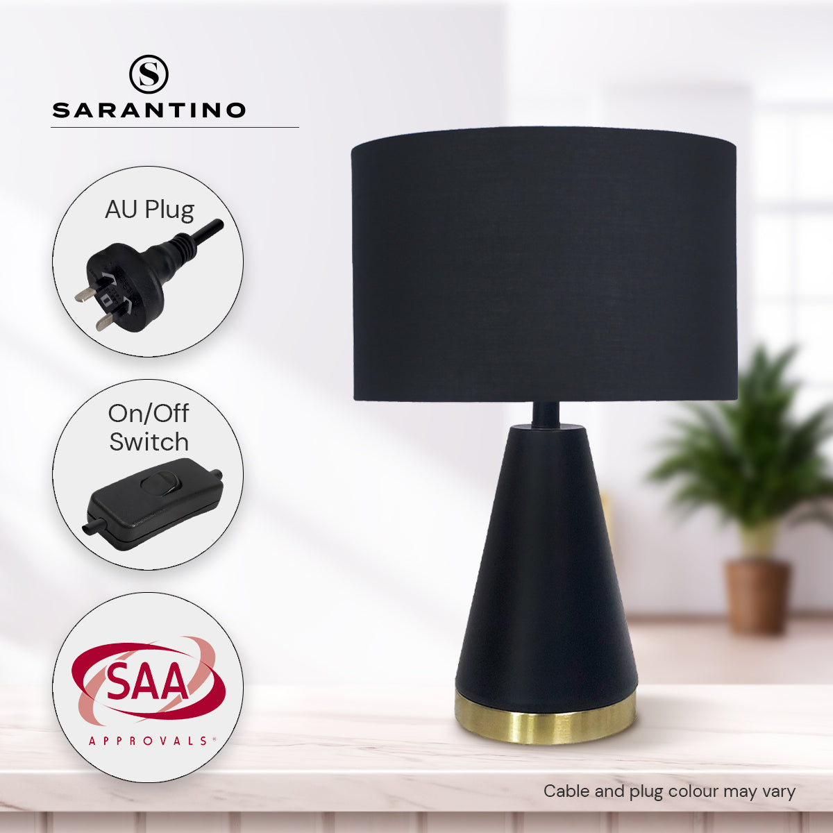 Sarantino Black and Gold Metal Table Lamp with Fabric Shade Modern Bedside Desk Light for Living Room Bedroom