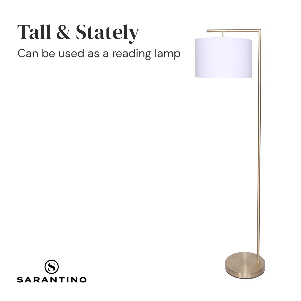 Sarantino Modern 90-Degree Arc Floor Lamp Brass Standing Light with Warm Fabric Drum Shade & Foot Switch 157cm