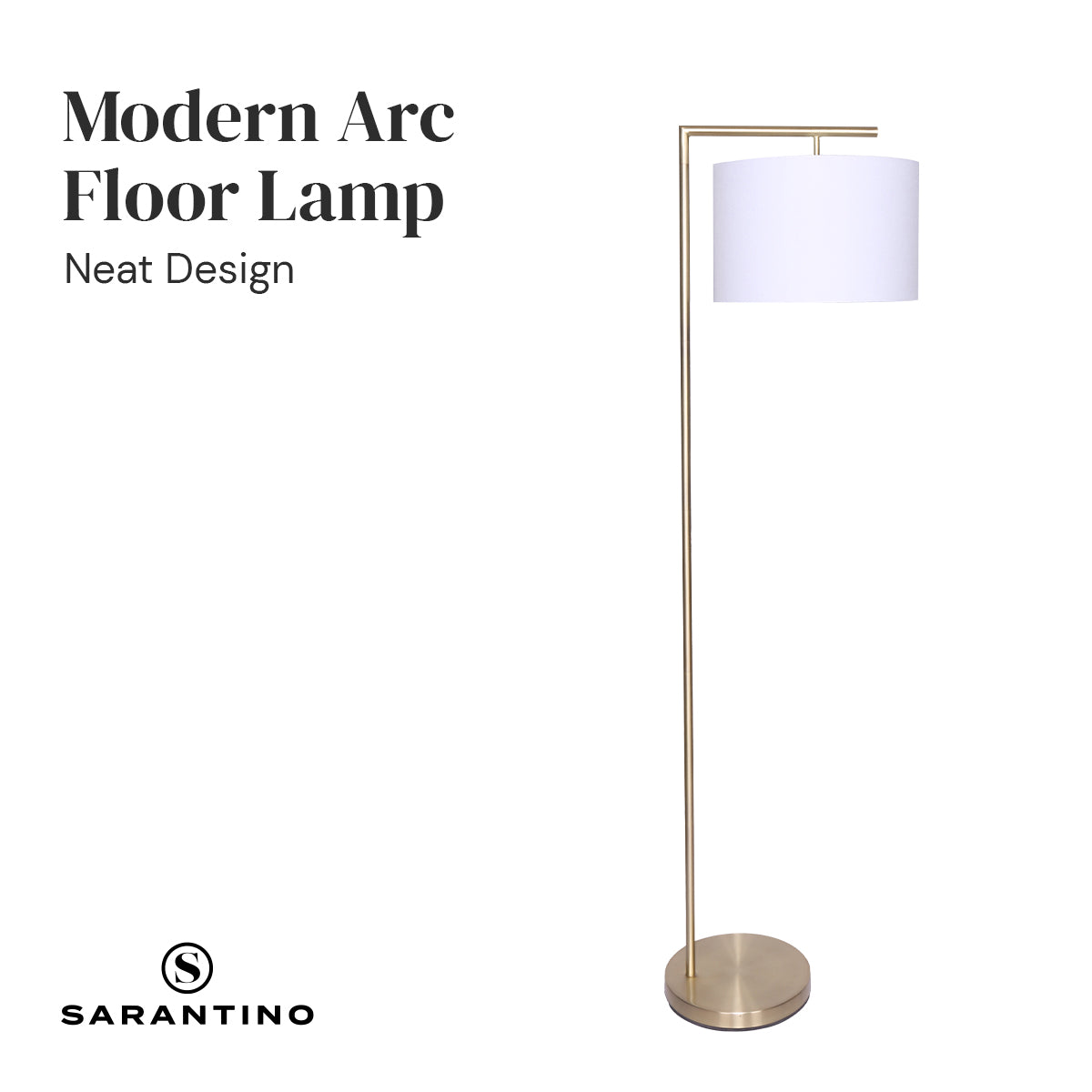 Sarantino Modern 90-Degree Arc Floor Lamp Brass Standing Light with Warm Fabric Drum Shade & Foot Switch 157cm