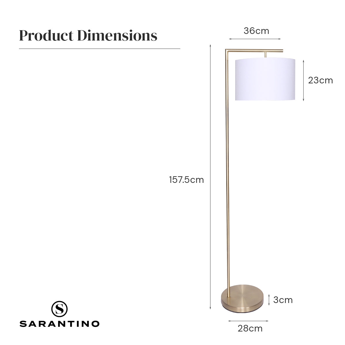 Sarantino Modern 90-Degree Arc Floor Lamp Brass Standing Light with Warm Fabric Drum Shade & Foot Switch 157cm