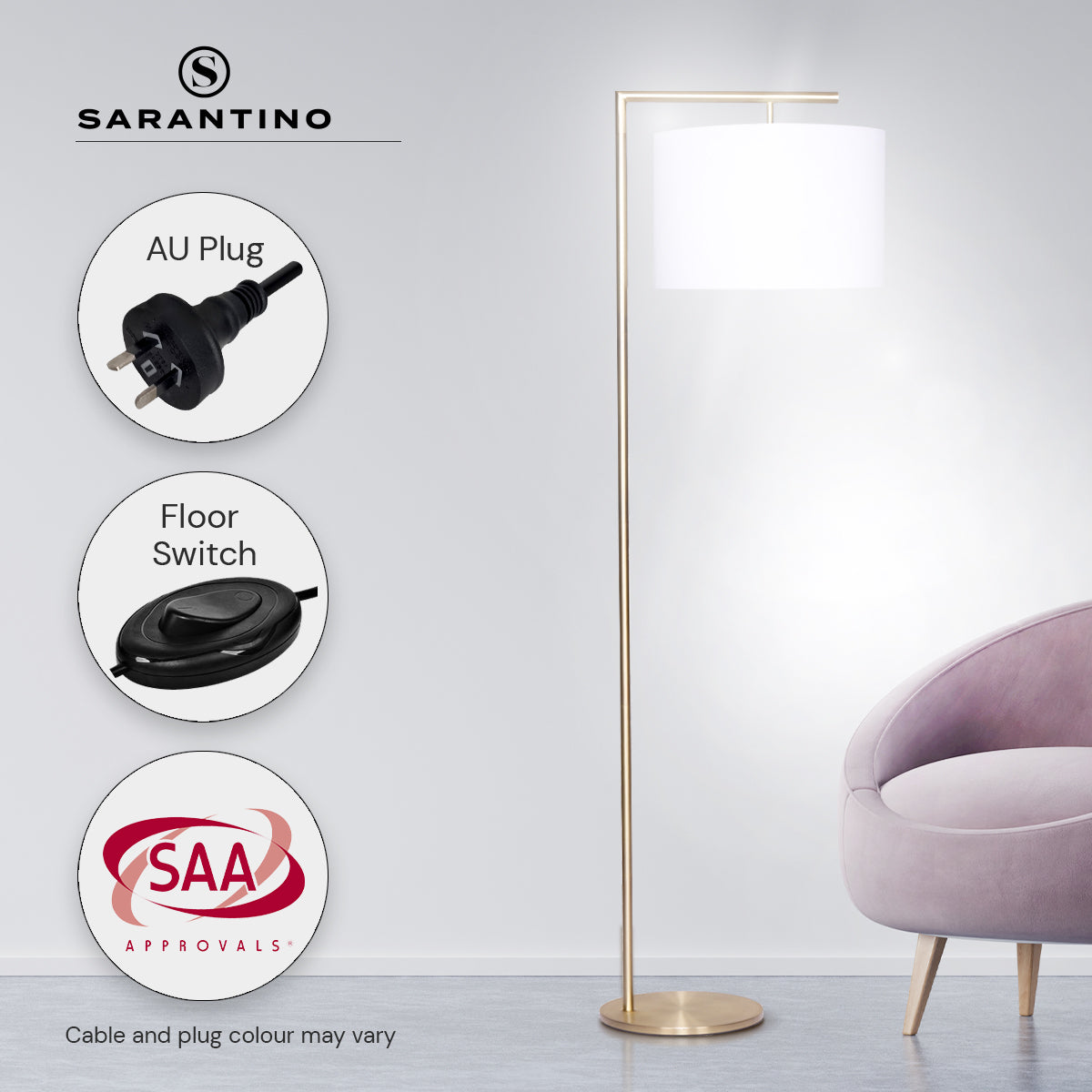Sarantino Modern 90-Degree Arc Floor Lamp Brass Standing Light with Warm Fabric Drum Shade & Foot Switch 157cm