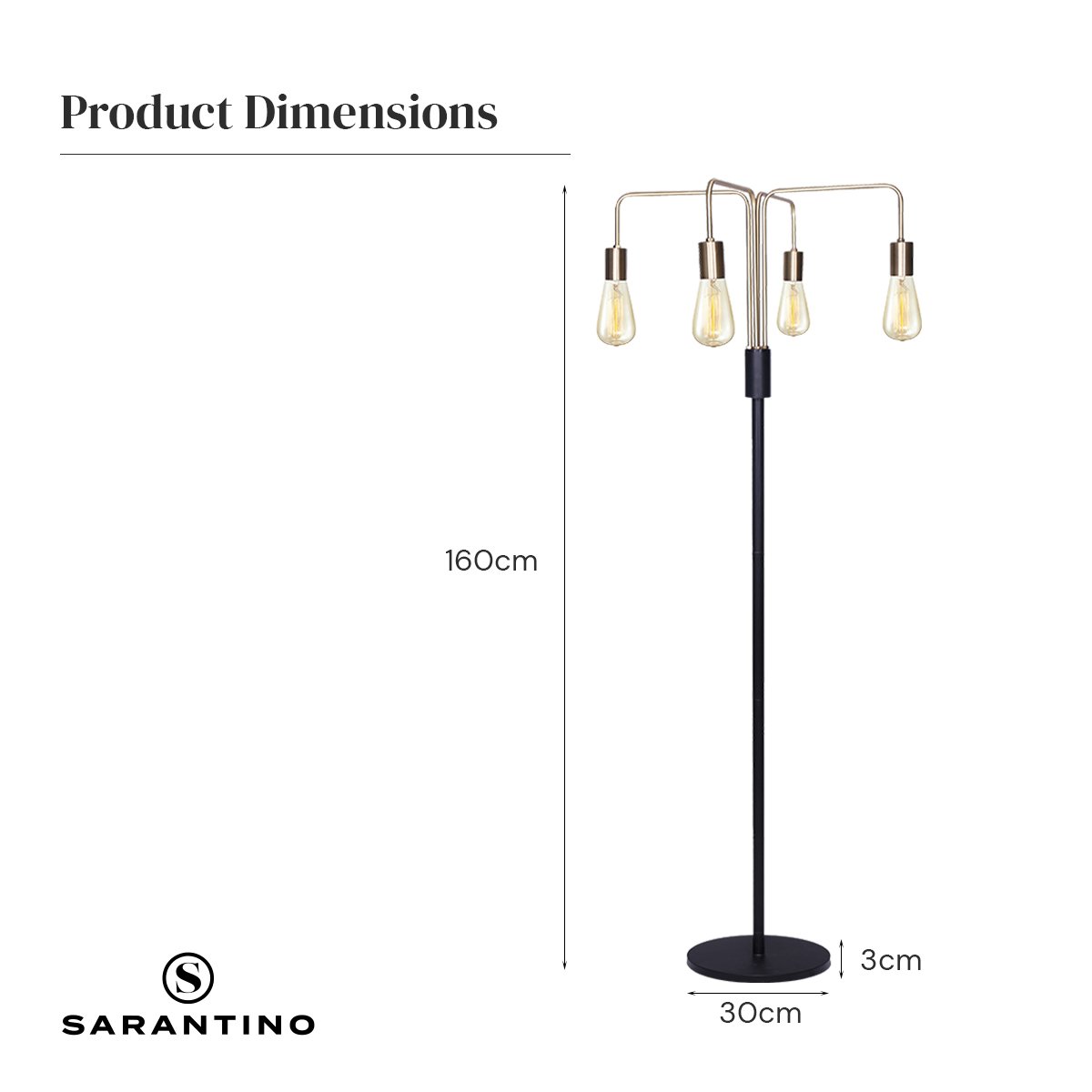 Sarantino 4-Light Industrial Floor Lamp 160cm Modern Vintage Metal Standing Light LED Living Room Bedroom E27