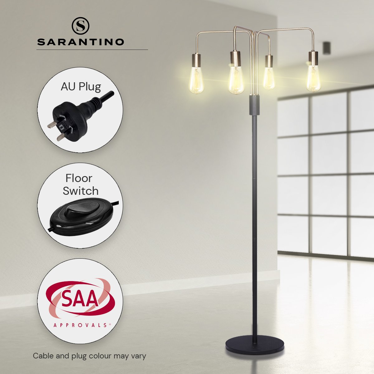 Sarantino 4-Light Industrial Floor Lamp 160cm Modern Vintage Metal Standing Light LED Living Room Bedroom E27