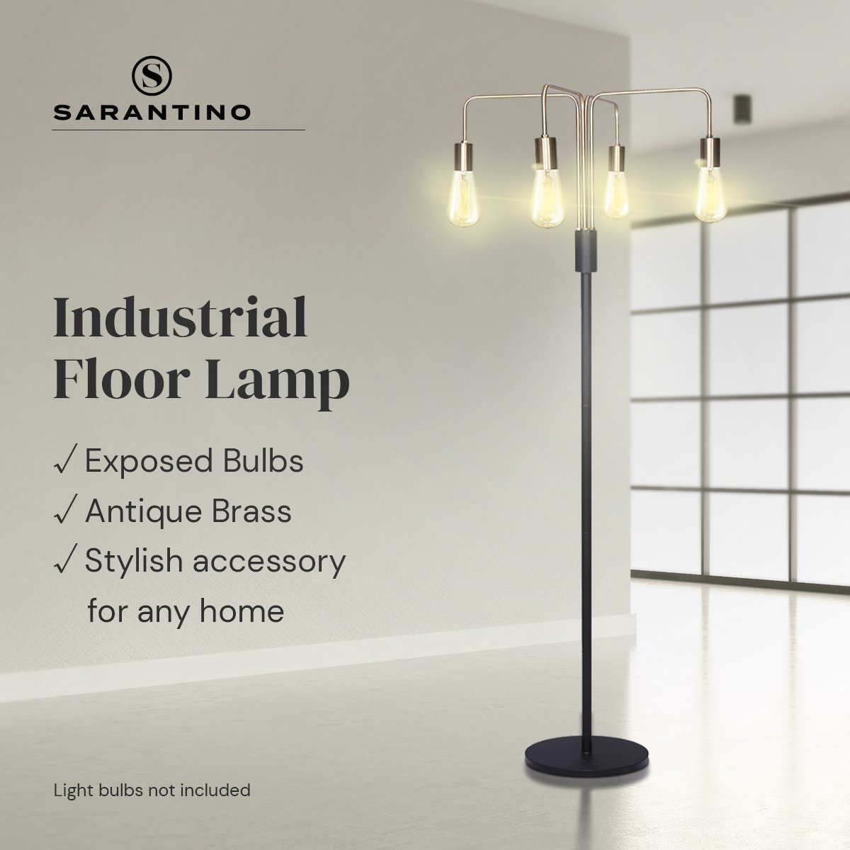 Sarantino 4-Light Industrial Floor Lamp 160cm Modern Vintage Metal Standing Light LED Living Room Bedroom E27