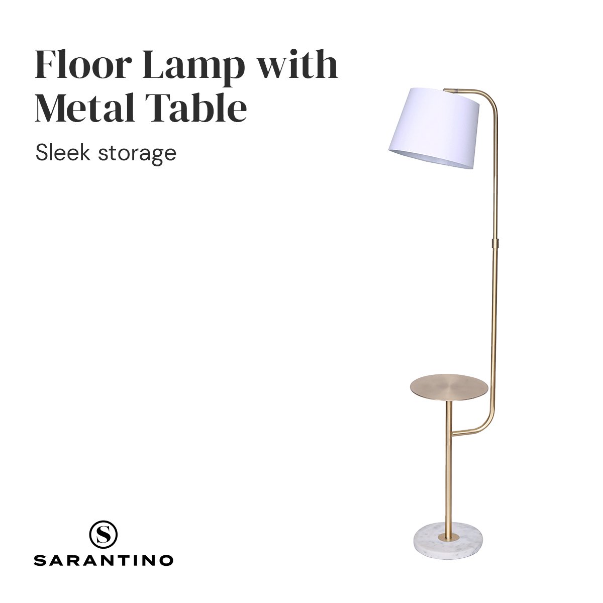Sarantino Brushed Brass Floor Lamp with Built-in Metal End Table Marble Base Foot Switch Standing Light