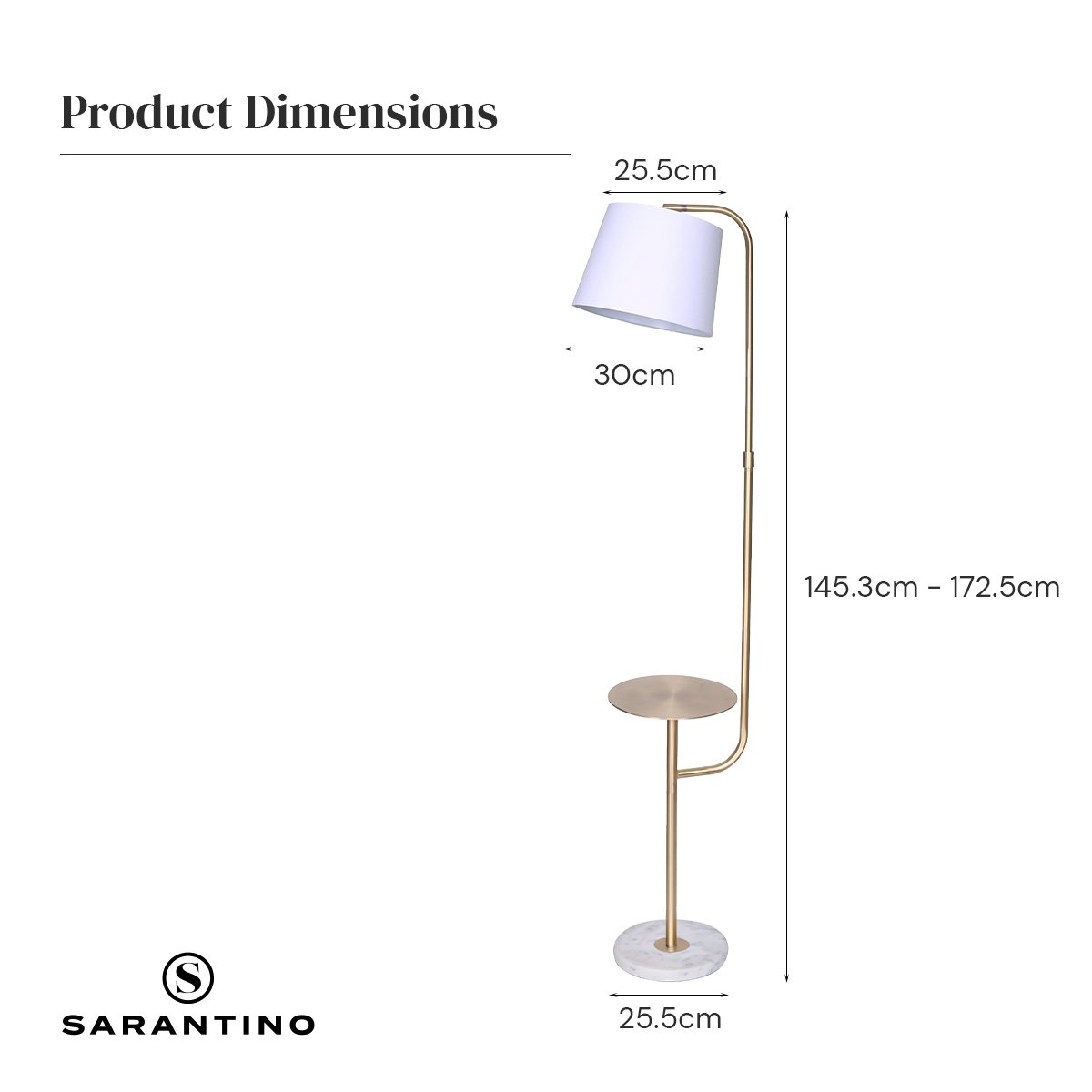 Sarantino Brushed Brass Floor Lamp with Built-in Metal End Table Marble Base Foot Switch Standing Light