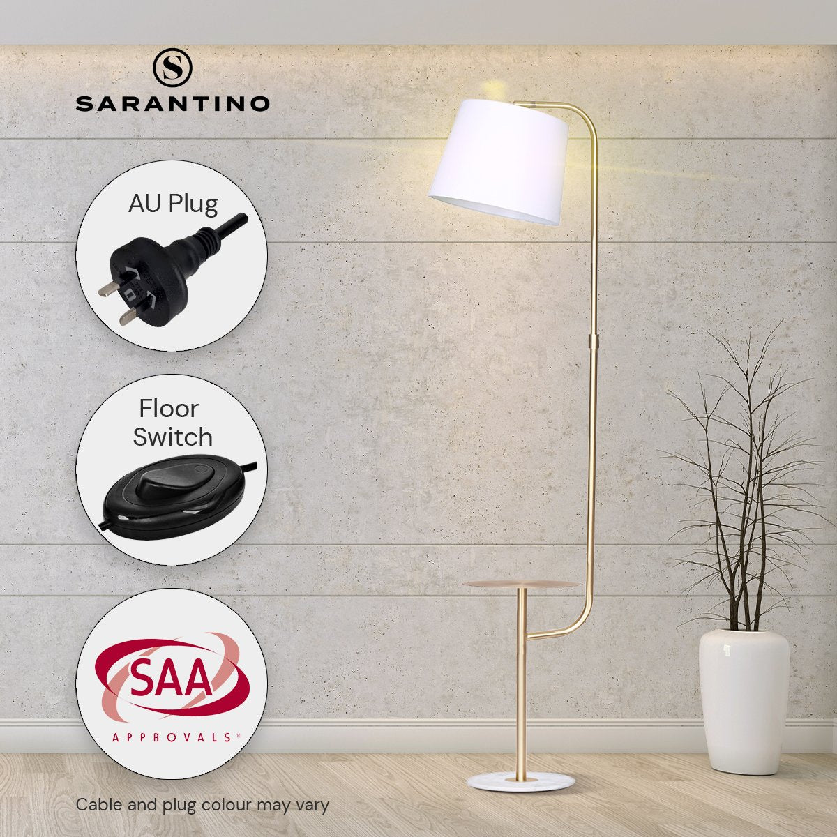 Sarantino Brushed Brass Floor Lamp with Built-in Metal End Table Marble Base Foot Switch Standing Light