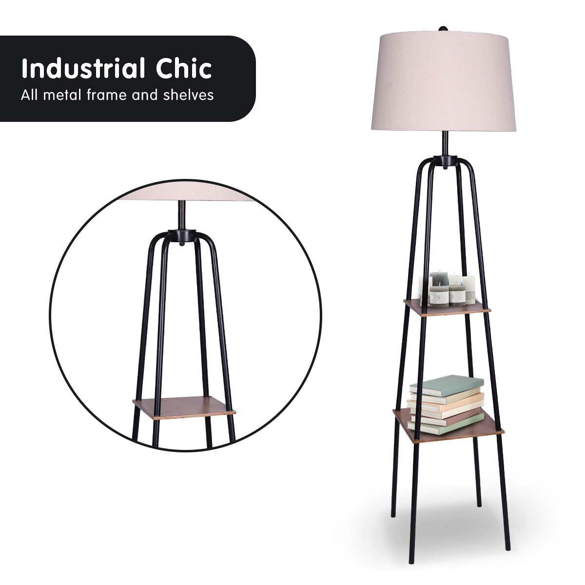 Sarantino Industrial Etagere Shelf Floor Lamp with 2 Wood Finish Metal Shelves Cream Linen Shade Standing Light
