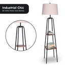 Sarantino Industrial Etagere Shelf Floor Lamp with 2 Wood Finish Metal Shelves Cream Linen Shade Standing Light