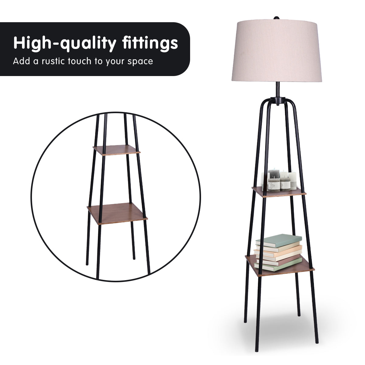 Sarantino Industrial Etagere Shelf Floor Lamp with 2 Wood Finish Metal Shelves Cream Linen Shade Standing Light