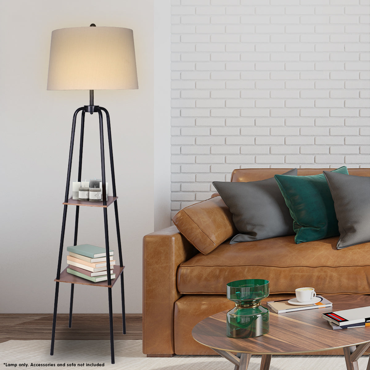 Sarantino Industrial Etagere Shelf Floor Lamp with 2 Wood Finish Metal Shelves Cream Linen Shade Standing Light