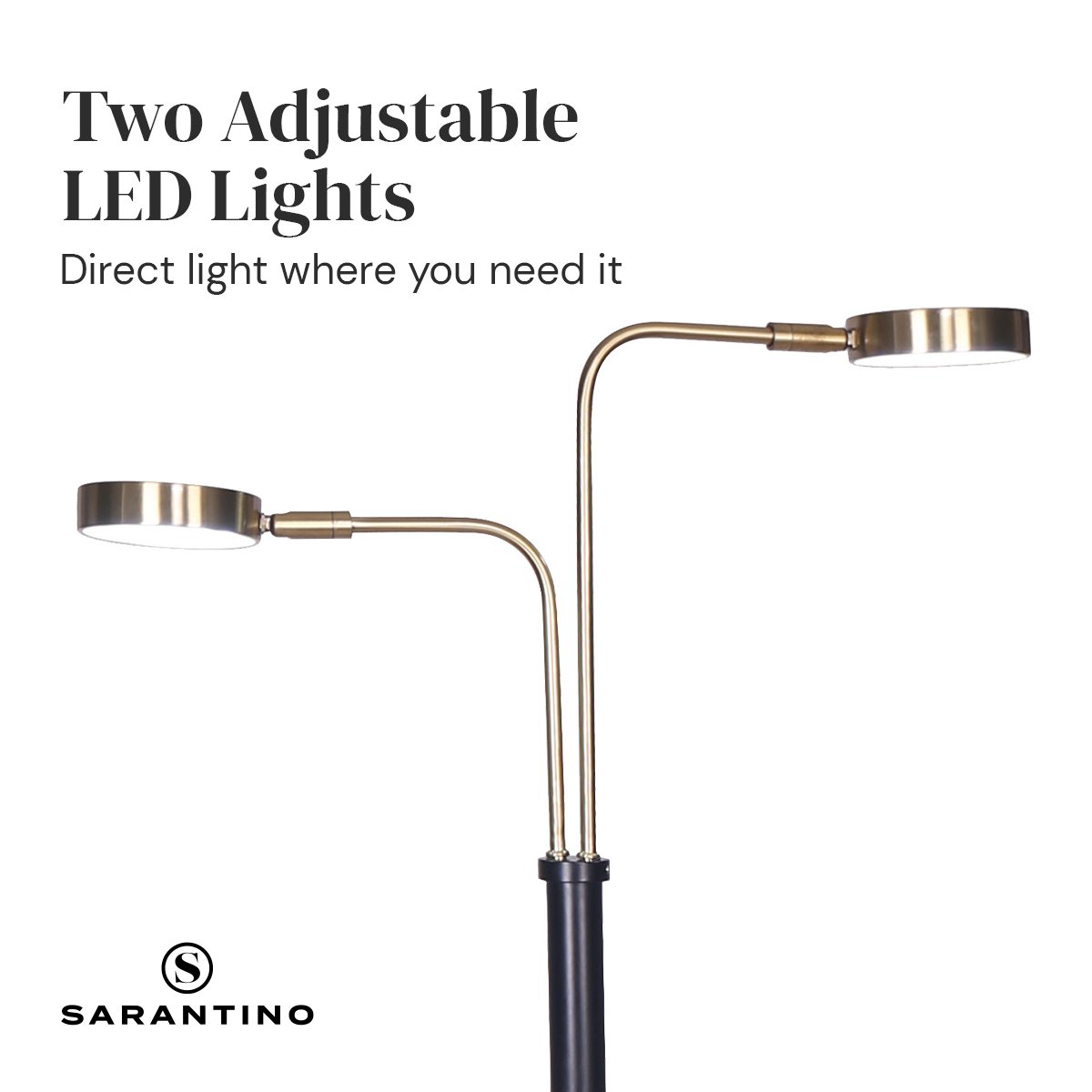 Sarantino Dual LED Floor Lamp Adjustable Black Metal & Brushed Gold Twin Reading Task Standing Light for Home Office