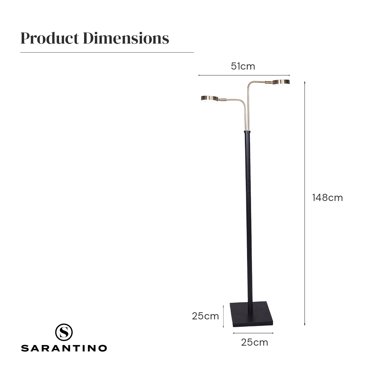 Sarantino Dual LED Floor Lamp Adjustable Black Metal & Brushed Gold Twin Reading Task Standing Light for Home Office