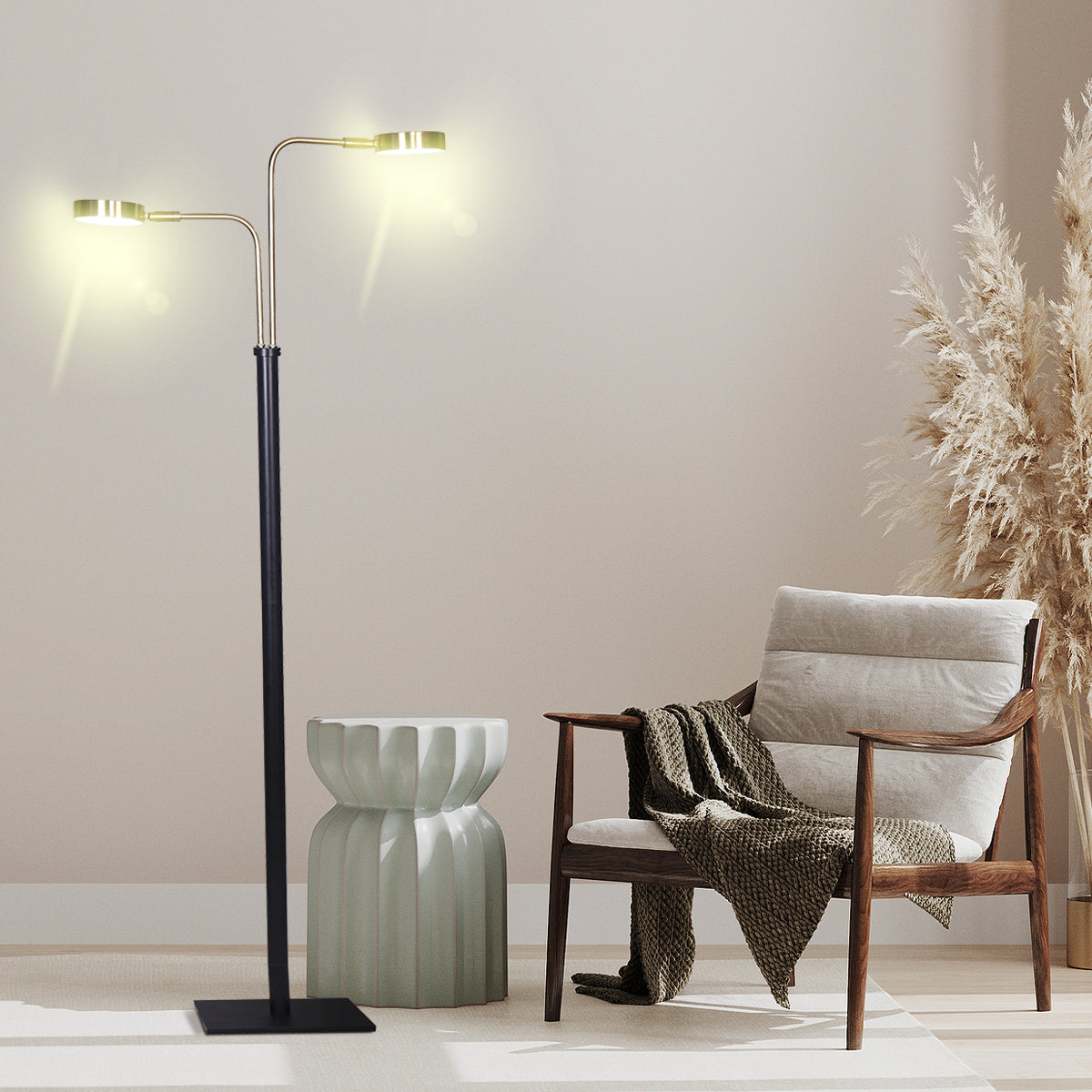 Sarantino Dual LED Floor Lamp Adjustable Black Metal & Brushed Gold Twin Reading Task Standing Light for Home Office